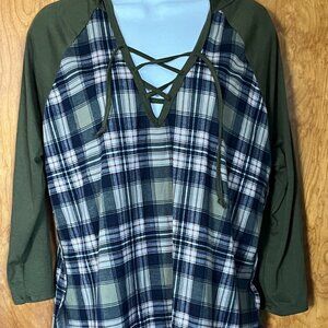 JUST ME GREEN/BLUE PLAID HOODED SHIRT - XL